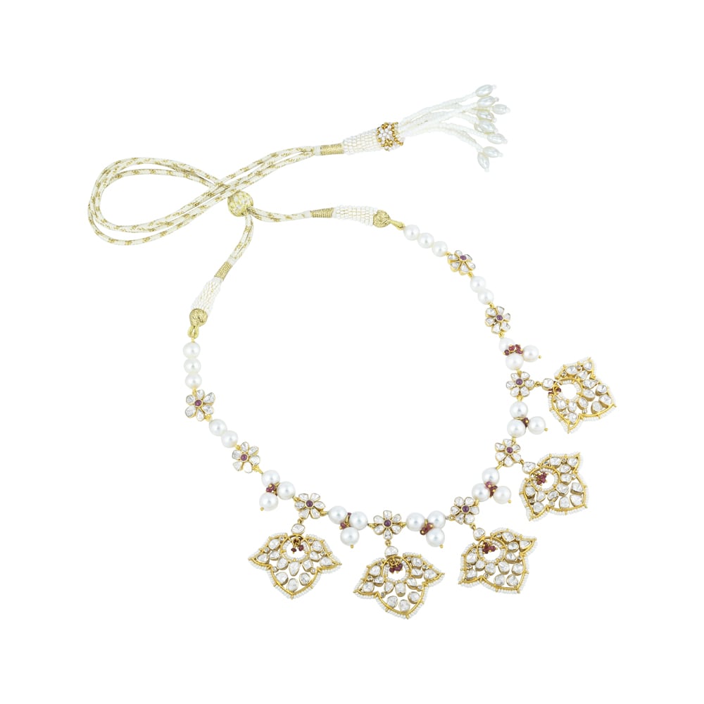 Polki Necklace with Red Floral Motifs & Pearls